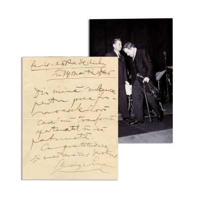 George Enescu, fotografie din timpul unui concert și scrisoare olografă