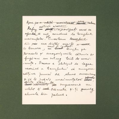 Mircea Eliade, filă manuscris despre călătoria la Templul Maimuțelor din Benares-Varanasi + fotografie