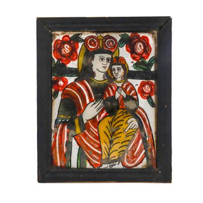 Născătoarea de Dumnezeu cu Pruncul, icoană maramureșeană pe sticlă, sec. XIX