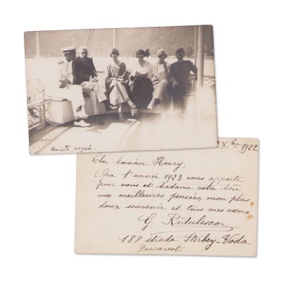 Principele Carol, principesa Elisabeta și familia sa, principele Nicolae și Ion I. C. Brătianu, fotografie tip carte poștală, 1922