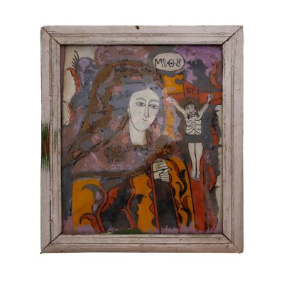 Icoană maramureșeană Născătoarea de Dumnezeu îndurerată, tempera pe sticlă, sec. XIX
