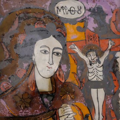 Icoană maramureșeană Născătoarea de Dumnezeu îndurerată, tempera pe sticlă, sec. XIX