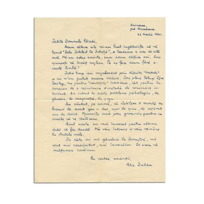 Elie Dulcu, scrisoare pentru Mircea Eliade, 22 martie 1940