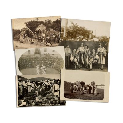 Țărani români, cinci fotografii tip carte poștală și o fotografie de epocă