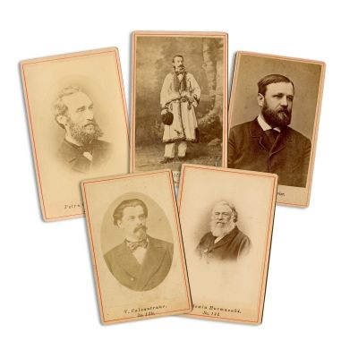 A. Lambrior, E. Hurmuzaki, V. Calcantraur, P. Cradișteanu, Dincu Skiller, 5 fotografii tip carte-de-visite