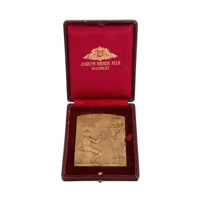 Expoziția Generală Română din 1906, plachetă din bronz, gravori R. Cizek și Resch în cutia de epocă