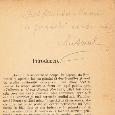 Dr. Elie Dăianu, Eminescu în Blaj, 1914, cu însemnarea autorului 
