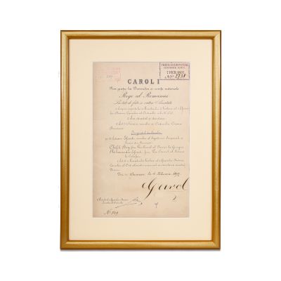 Brevet de numire în grad de Cavaler al Ordinului Coroana României, semnat olograf de Regele Carol I