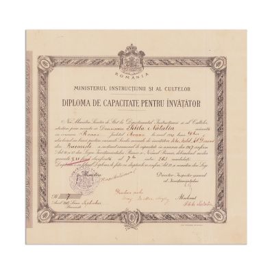 Sibila Natalia, diplomă de capacitate pentru învățător, 1907