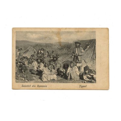 Țigani în șatră, fotografie tip carte poștală, atelier Fortuna 