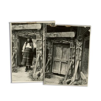 Bătrână lângă o poartă maramureșeană, două fotografii de epocă,  fotograf E. Fischer