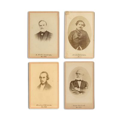 A. Treb. Laurian, Nicolae Bălcescu, Cezar Bolliac, I. Heliade-Rădulescu, 4 fotografii tip carte-de-visite, atelier Frații Șaraga