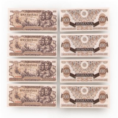 Patru bancnote în valoare de 100 lei din 1947, necirculate, serie consecutivă