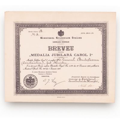 Gen. Constantin Budișteanu, brevetul ordinului „Medalia Jubiliară Carol I”, 1906