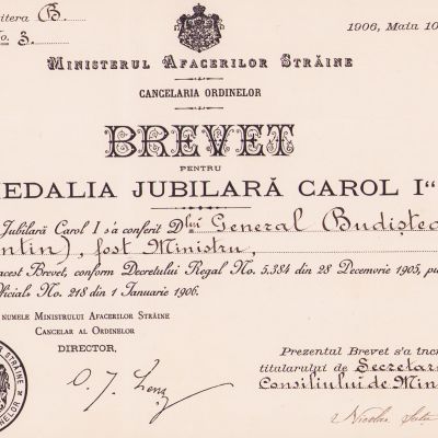 Gen. Constantin Budișteanu, brevetul ordinului „Medalia Jubiliară Carol I”, 1906