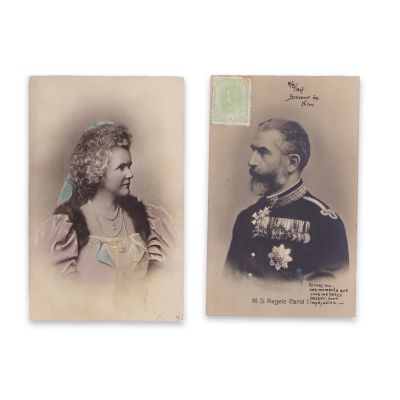 Regele Carol I și regina Elisabeta a României, două fotografii tip carte poștală, colorate manual în epocă