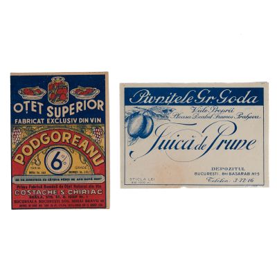Țuică de prune + oțet superior, două etichete