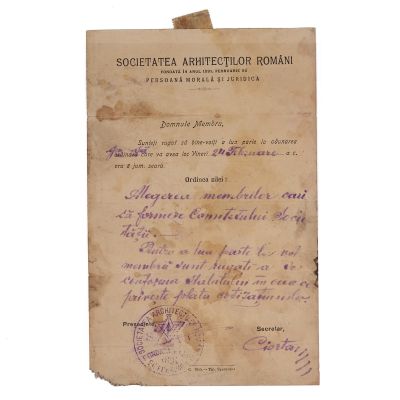 Popescu Ilie, invitație la adunarea Societății Arhitecților Români, semnat de Statie Ciortan