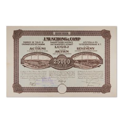 „J. Muschong & Comp.” Fabrica de țiglă și cărămidă, 25 acțiuni în valoare de 25.000 lei, 1925