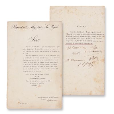 Două adrese privind regulamentul serviciului grănicerilor, cu semnăturile miniștrilor G. Gr. Cantacuzino, G. Manu, Iacob și Ion Lahovari, M. Vlădescu, I. C. Grădișteanu, 1906